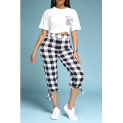 Lovely Sweet Grid Print White Two-piece Pants Set