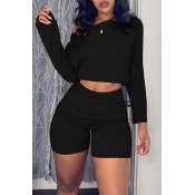 Lovely Casual Long Sleeves Black Two-piece Shorts 