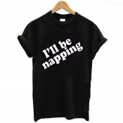 Lovely Casual O Neck Letter Print Black Plus Size 