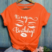 Lovely Casual O Neck Letter Print Orang Plus Size 