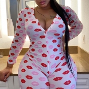 Lovely Casual Lip Print White Plus Size One-piece 