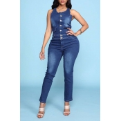 Lovely Leisure Buttons Design Blue One-piece Jumps