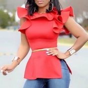 Lovely Trendy Flounce Design Red Blouse
