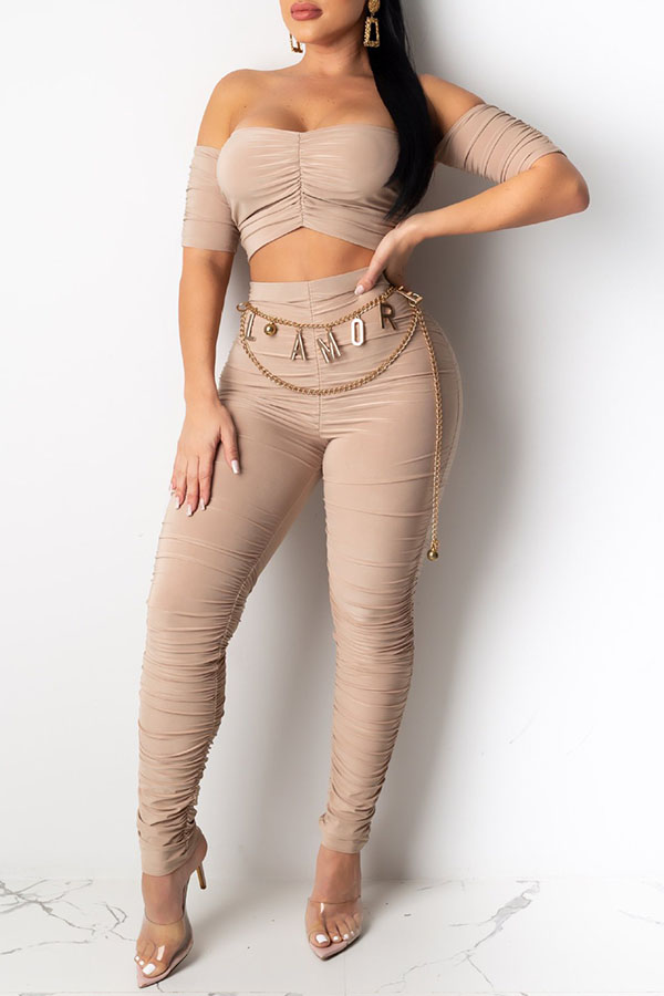 

Lovely Sexy Dew Shoulder Apricot Two-piece Pants Set