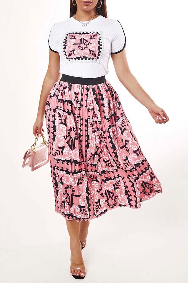 

Lovely Leisure O Neck Print White Two-piece Skirt Set