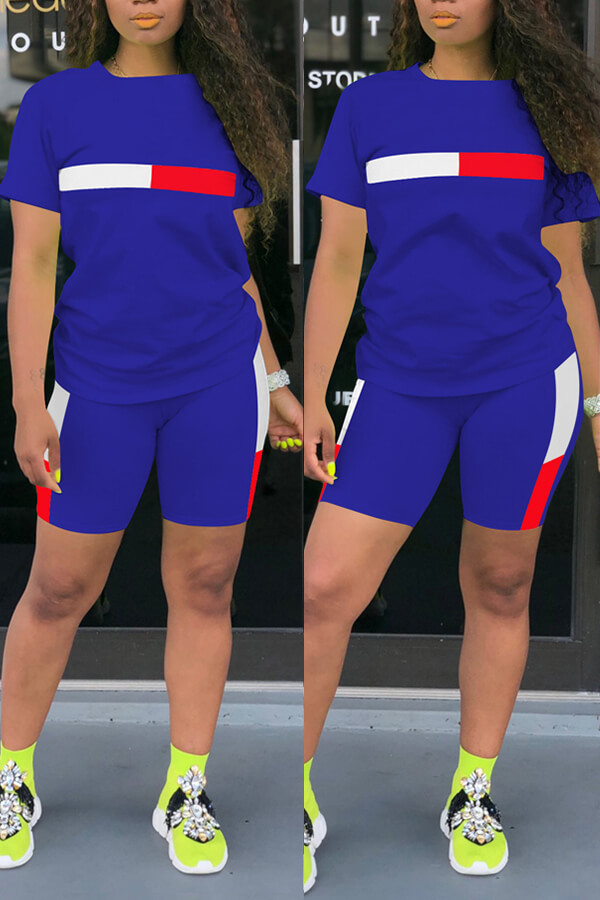 

Lovely Leisure Patchwork Blue Two-piece Shorts Set