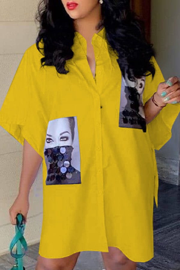

Lovely Casual Print Yellow Knee Length Shirt Dress