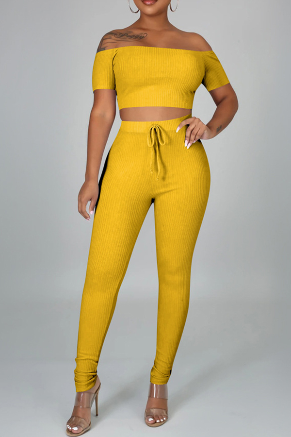 

Lovely Casual Lace-up Yellow Two-piece Pants Set