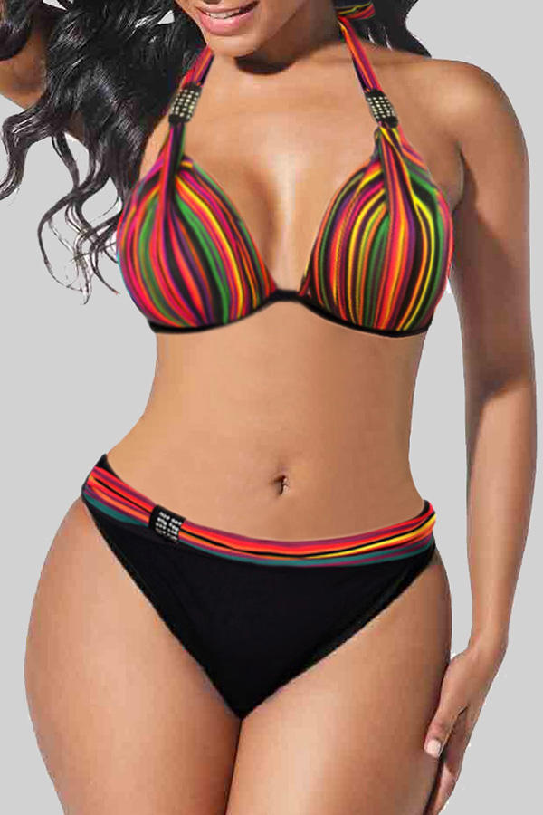 

Lovely Rainbow Striped Multicolor Two-piece Swimsuit, Multi