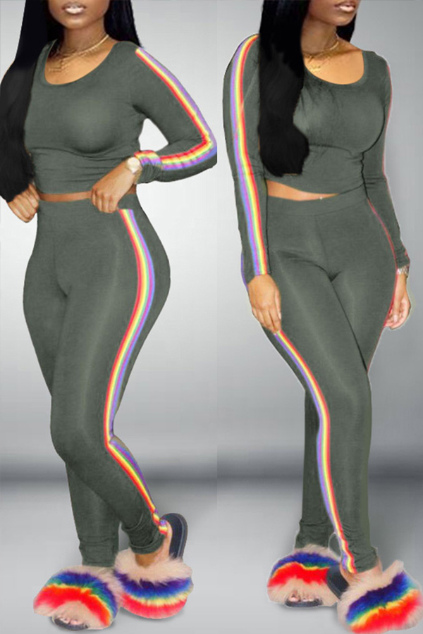 

Lovely Sportswear O Neck Patchwork Green Two-piece Pants Set
