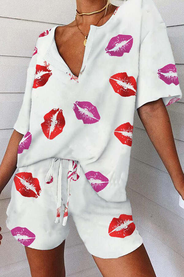 

Lovely Leisure Lip Print Multicolor Two-piece Shorts Set, Multi