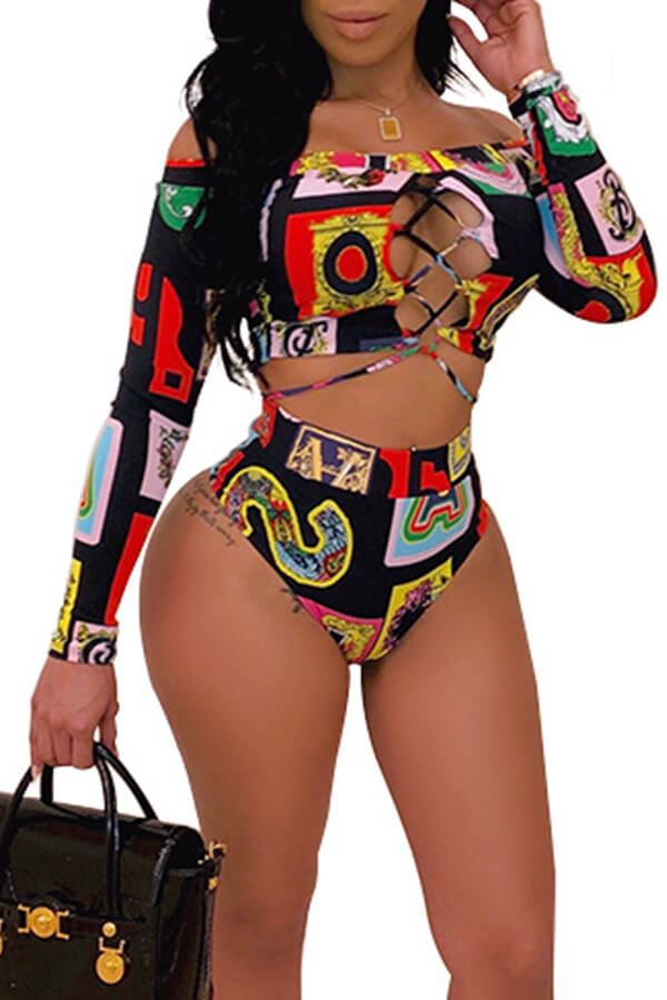 

LW Mixed Print Bandage Design Tankini, Black