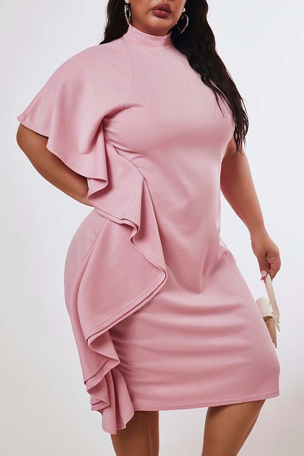 Lovely Casual Flounce Design Pink Knee Length Plus Size Dress