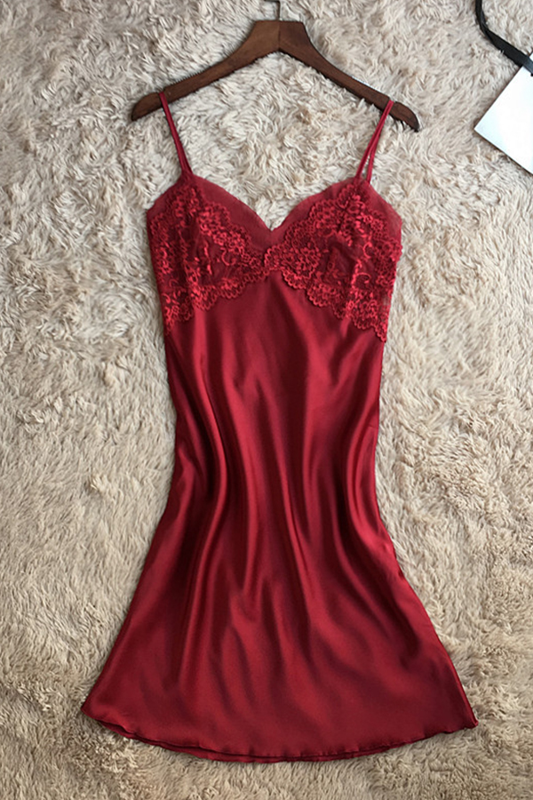 

Lovely Sexy Lace Hem Wine Red Sleepwear