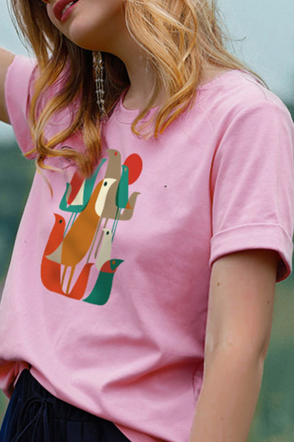 

Lovely Leisure O Neck Print Pink Plus Size T-shirt