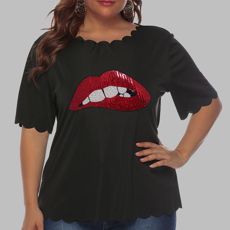 

Lovely Casual O Neck Lip Print Black Plus Size T-shirt
