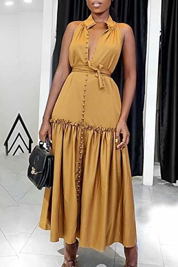 

Lovely Casual Patchwork Fold Design Deep Yellow Ankle Length Dress