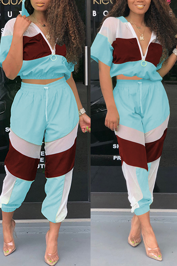 

Lovely Casual Patchwork Blue Two-piece Pants Set