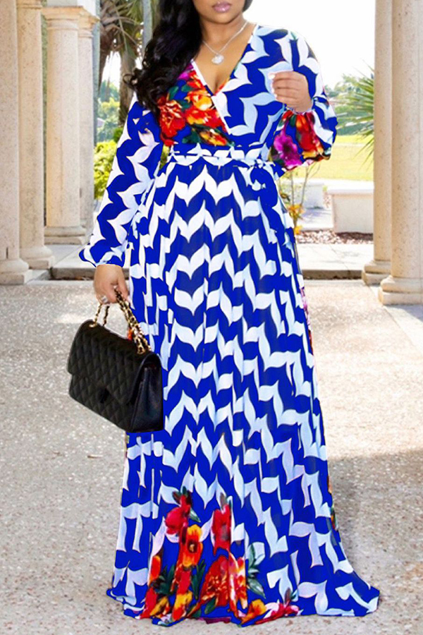 

Lovely Trendy V Neck Print Blue Maxi Dress