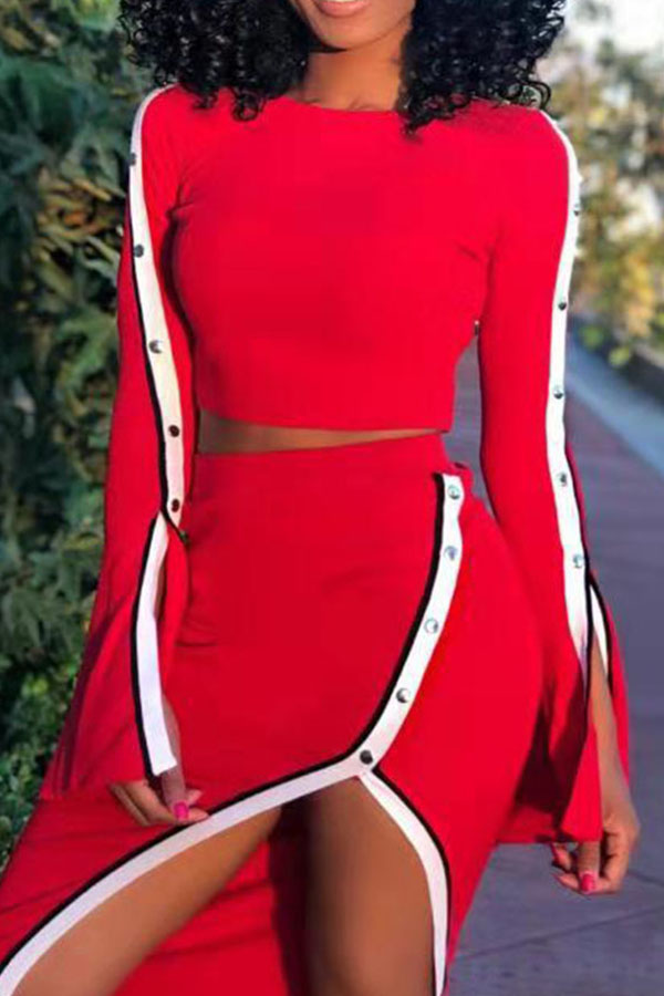

Lovely Trendy Patchwork Red Two-piece Skirt Set