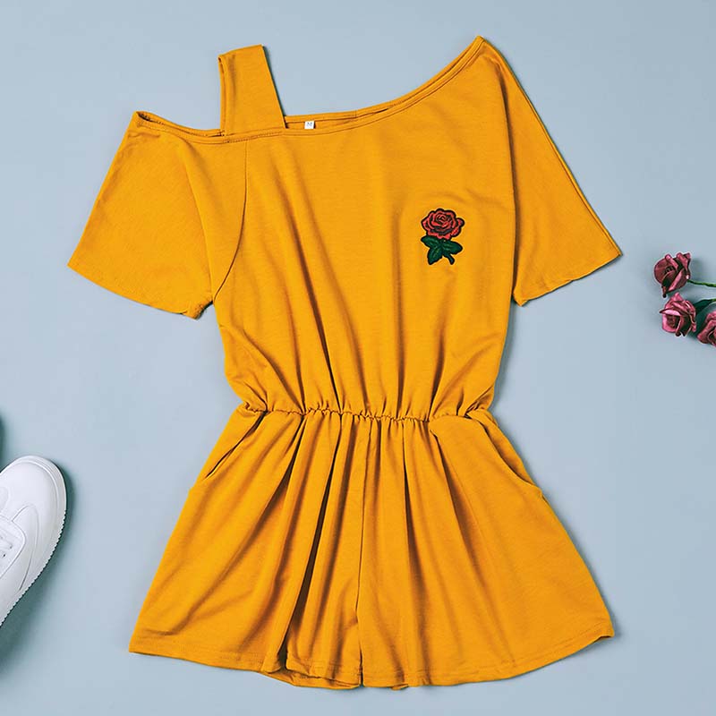 

Lovely Trendy Rose Embroidered Yellow One-piece Romper