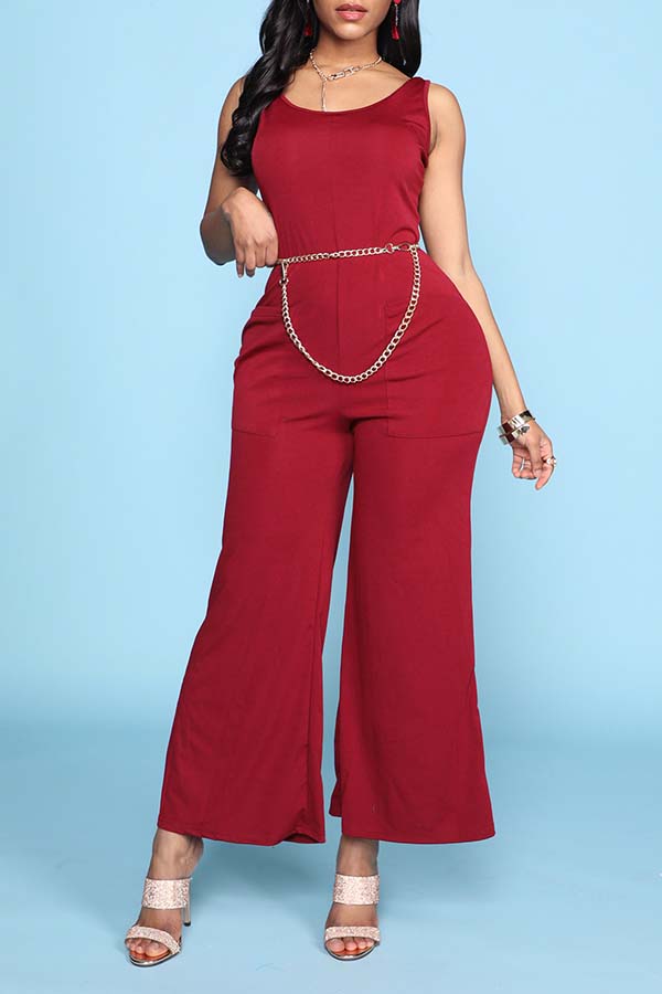 

Lovely Trendy Basic Wine Red One-piece Jumpsuit