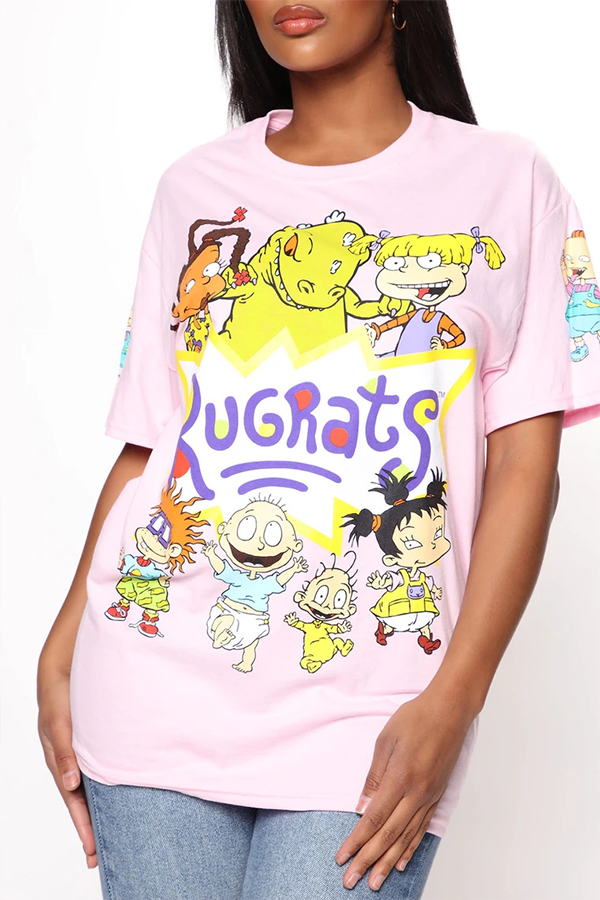 

Lovely Leisure O Neck Cartoon Print Pink T-shirt