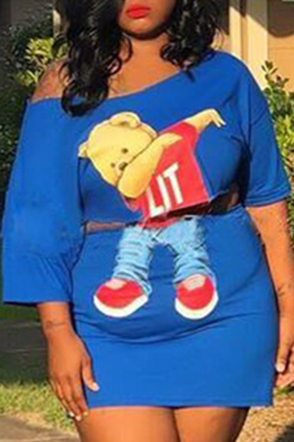 

Lovely Casual Cartoon Print Blue Plus Size Two-piece Skirt Set