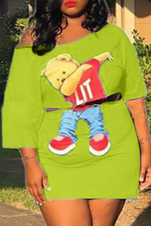 

Lovely Casual Cartoon Print Green Plus Size Two-piece Skirt Set