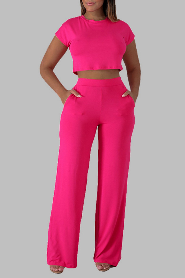 

Lovely Leisure Basic Rose Red Plus Size Two-piece Pants Set