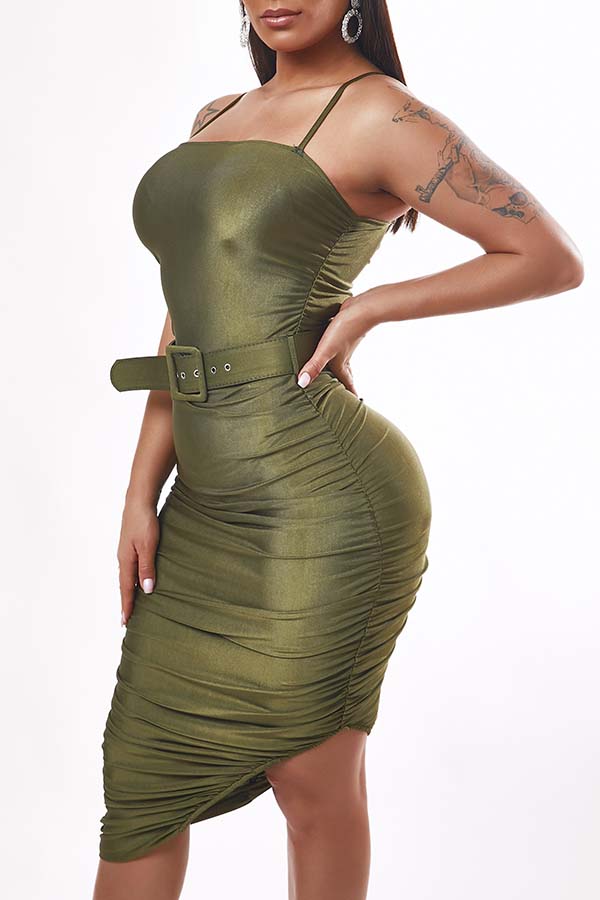

Lovely Sexy Fold Design Asymmetrical Green Knee Length Dress