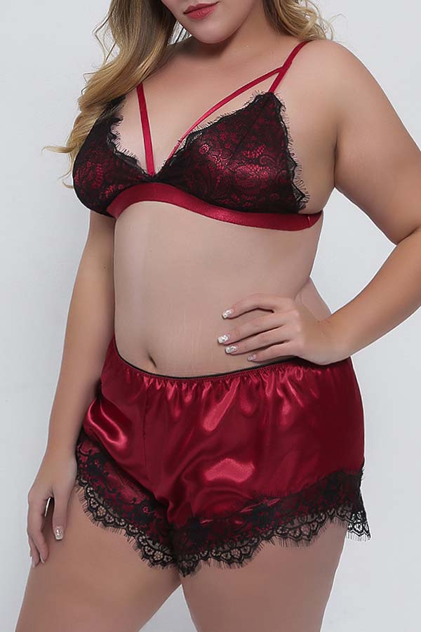 

Lovely Sexy Lace Hem Red Plus Size Sleepwear