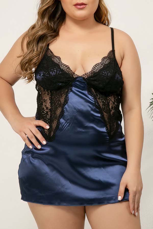 

Lovely Sexy Lace Patchwork Blue Plus Size Sleepwear