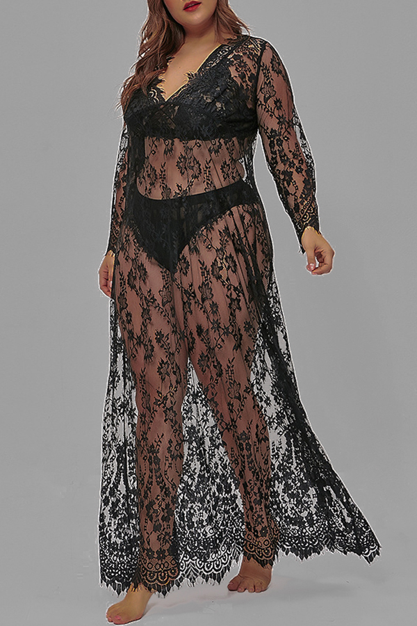 

Lovely Sexy Lace See-through Black Plus Size Sleepwear