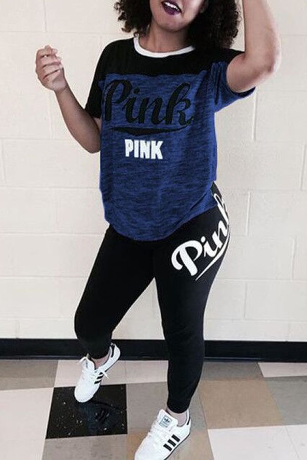 

Lovely Casual Letter Blue Two-piece Pants Set