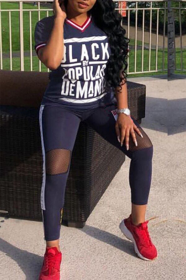 

Lovely Casual Letter Print Black Two-piece Pants Set, Blue