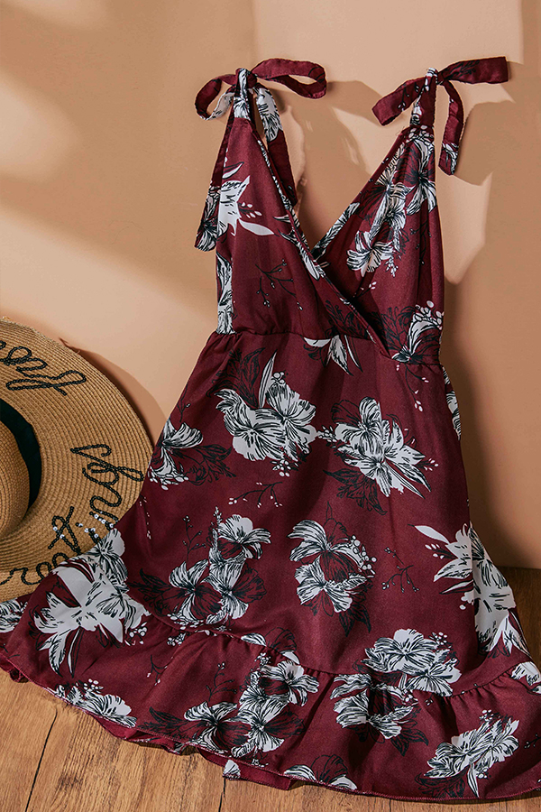 

Lovely Bohemian V Neck Print Wine Red Knee Length Dress