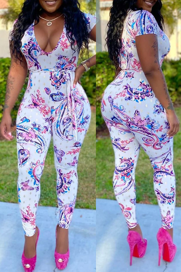 

Lovely Trendy Deep V Neck Print Multicolor One-piece Jumpsuit, Multi