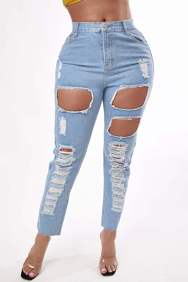 

Lovely Trendy Hollow-out Blue Jeans
