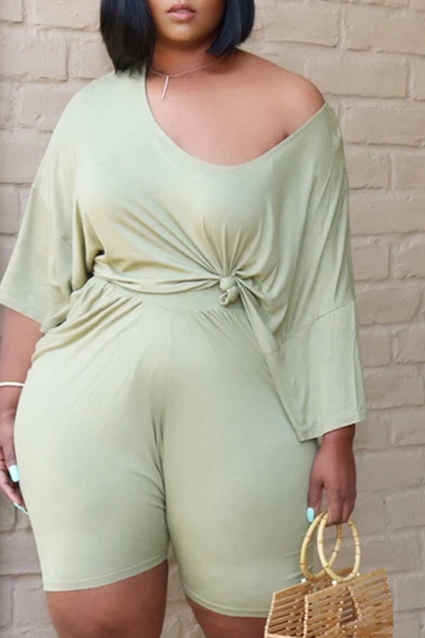 Lovely Leisure Fold Design Green Plus Size Two-piece Shorts Set