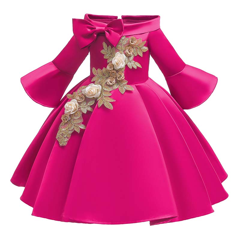 

Lovely Trendy Embroidered Design Rose Red Girl Mid Calf Dress