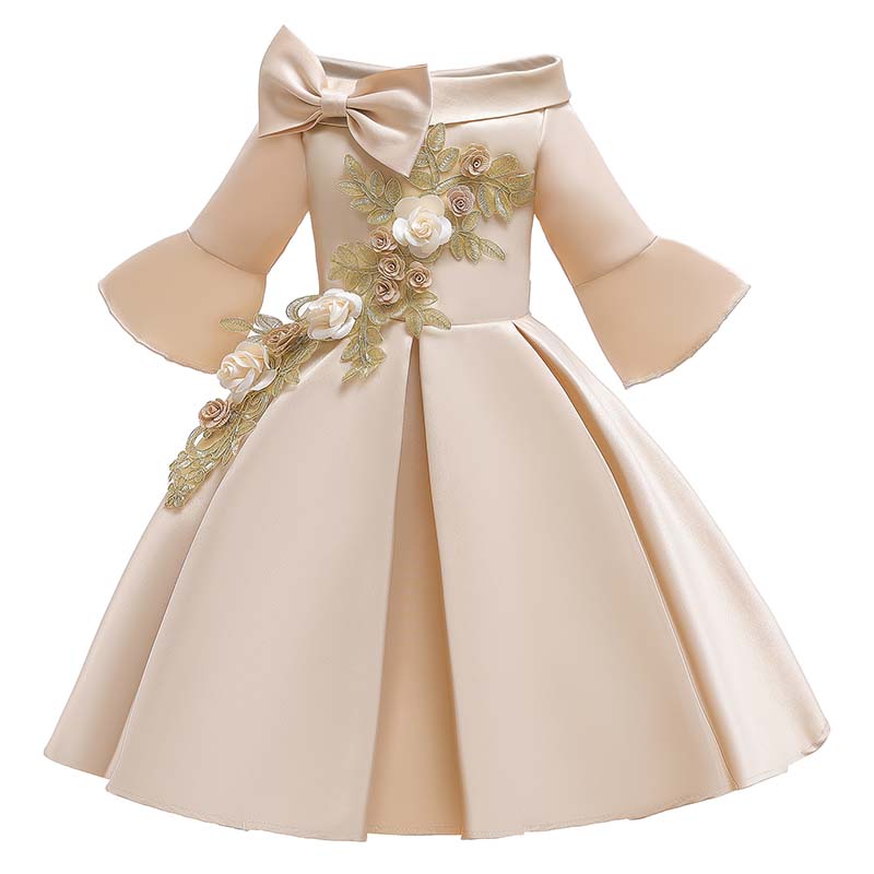 

Lovely Trendy Embroidered Design Apricot Girl Mid Calf Dress