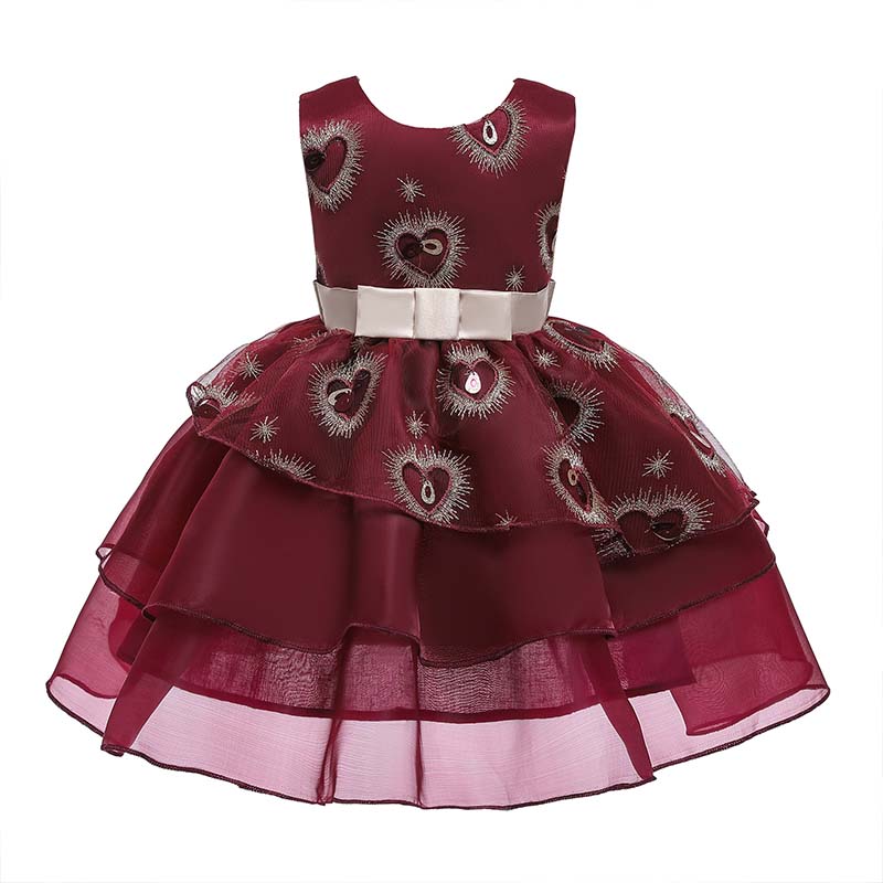 

Lovely Sweet Layered Cascading Ruffle Wine Red Girl Knee Length Dress