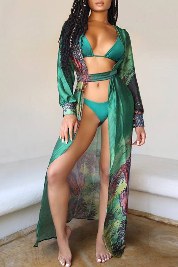 

Lovely Print Green Two-piece Swimsuit(With Cover-Up