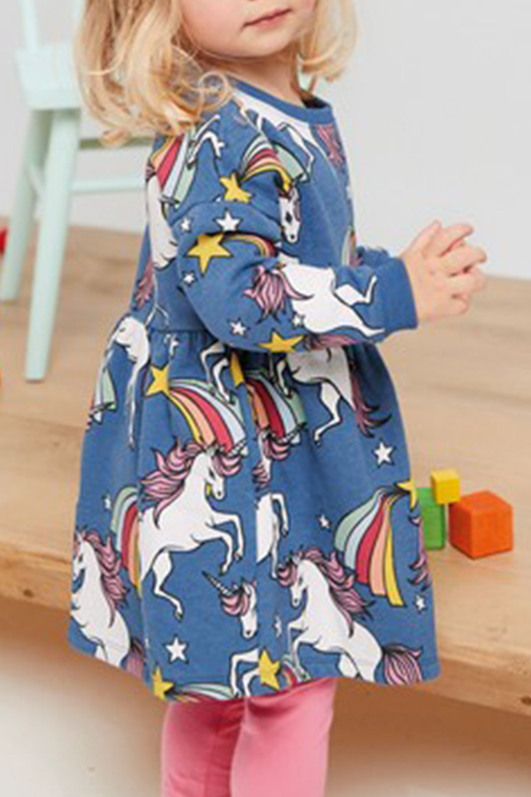 

Lovely Sweet Print Blue Girl Knee Length Dress