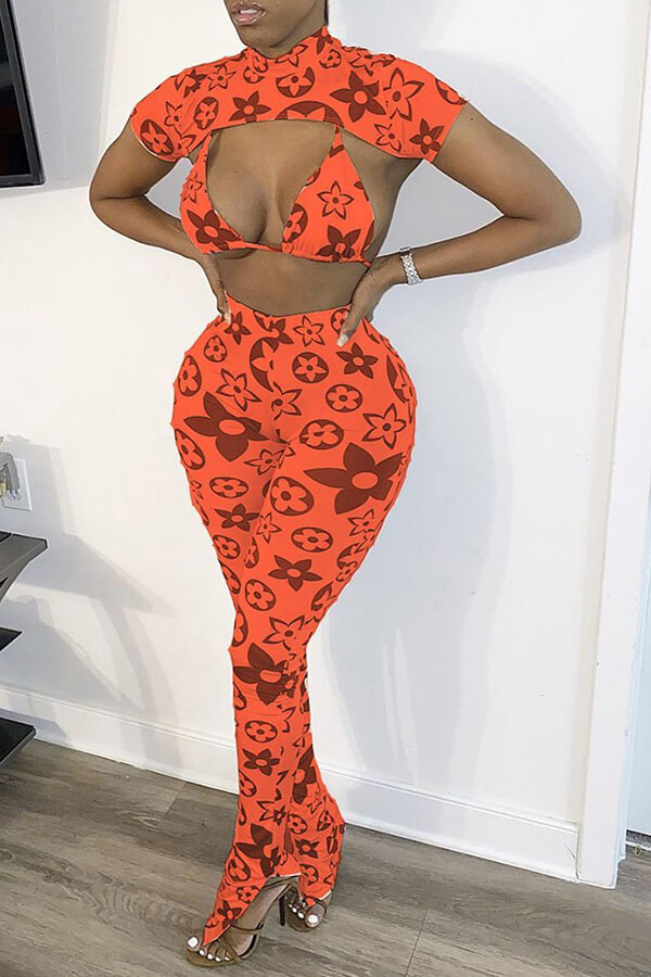 

Lovely Stylish Print Orange Two-piece Pants Set