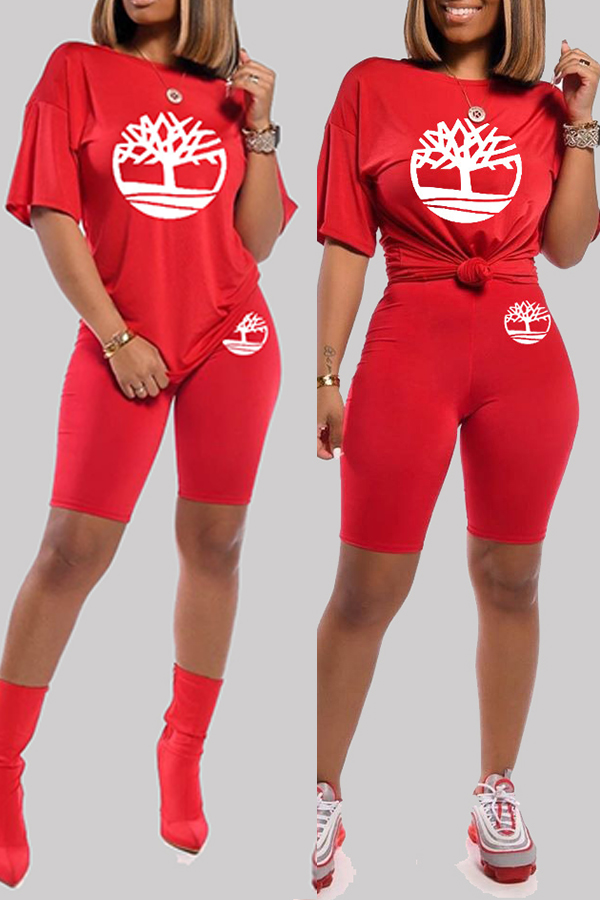 

Lovely Casual Print Red Two-piece Shorts Set