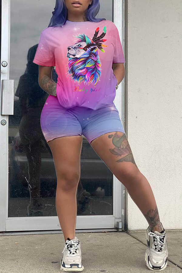 

Lovely Casual Print Purple Two-piece Shorts Set