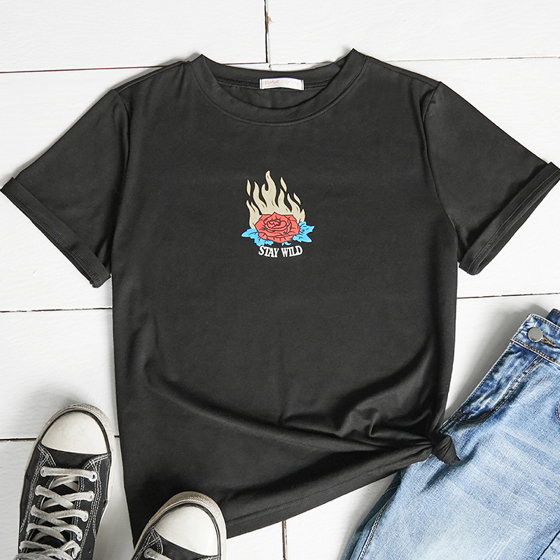 

Lovely Casual O Neck Rose Black T-shirt