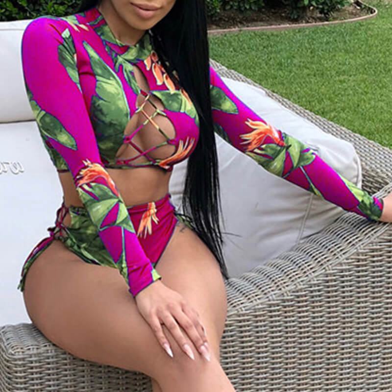 

Lovely Plants Print Rose Red Two-piece Swimsuit